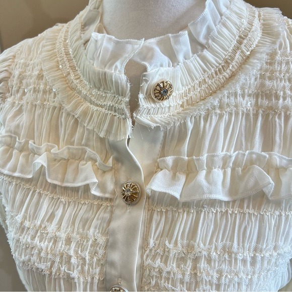 White Frilled Ruffled Button Up Blouse Feminine Romantic Victorian - Picture 3 of 11